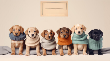 Cute little puppies wearing knitted scarves or snoods of pastel colors sitting isolated on beige background. Copy space for promotional text. Winter sale advertising banner for shop.