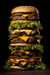 A giant burger with multiple layers of patties, cheese, lettuce leaves, and pickles on a dark...