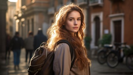 A young woman with long red hair in a coat standing on a city street.