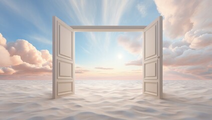 Open white doors leading to a sunset, symbolizing new opportunities or a beginning.