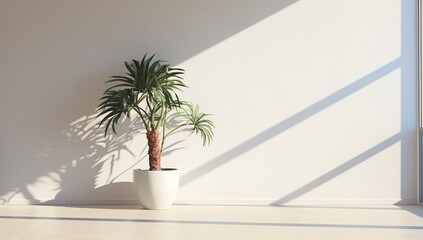 A minimalist room with white walls, playing with light, casting a shadow from a lone green plant in a white pot on the floor.