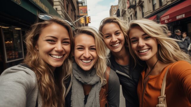 group of female friend selfie group shot in holiday weekend vacation travel in urban city downtown casual relax travel tour lifestyle