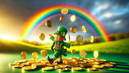 A lucky leprechaun in green attire dances joyfully under a bright rainbow with gold coins flying around, capturing a magical and vibrant moment in a lush field at sunset.Generative AI - obrazy, fototapety, plakaty