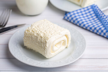 Turkish creamy dairy product. Clotted cream (butter cream) for Turkish breakfast with glass of milk. (Turkish name; kaymak)