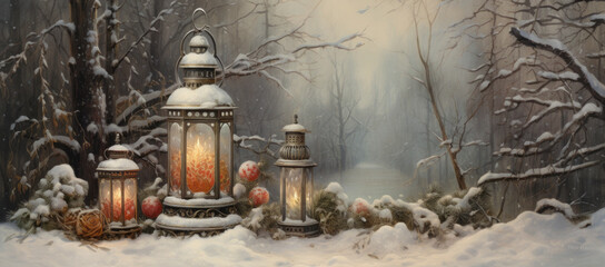 A Serene Winter Wonderland: A Painting of Snowy Scene with Lanterns