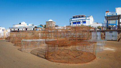 pots prepared for fishing in the port of Agaete, Gran Canaria, Canary Islands, Spain - obrazy, fototapety, plakaty