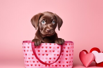 Cute puppy of brown Labrador sitting inside pink gift shopping bag with hearts print. Isolated on pink background. Concept for Valentines Day. Sale banner for retail shop.