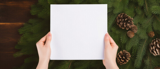 Female hands holding a white sheet of paper on a background of fir branches.