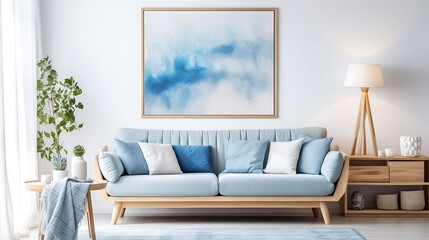 Fototapeta premium Aesthetic composition of cozy living room interior with mock up poster frame, modular sofa, blue pillows, wooden coffee table, patterned rug, curtain and personal accessories