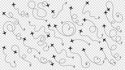 Travel concept from start point and dotted line tracing. Airplane or aeroplane routes path set. Aircraft tracking, plane path, travel, map pins, location pins. Vector illustration. Transparent bg.