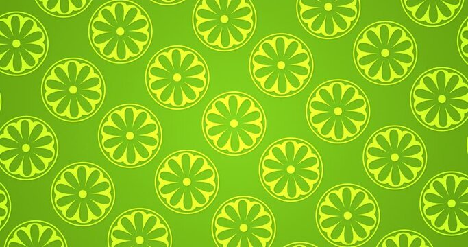 Seamless loop repeated pattern flat animated motion graphics background. Abstract pattern background. Individually Rotating flowers over parrot green color background.