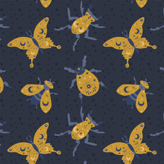 magical insect on dark backdrop - seamless pattern