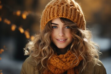 Close up of nice beautiful lady wearing warm comfortable clothes standing outdoors. Generated AI
