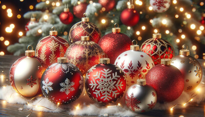 Colorful Christmas baubles on a snowy background, blurred pine tree with lights and bokeh effect. Generative ai.