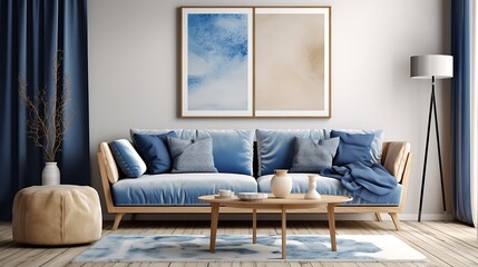 Aesthetic composition of cozy living room interior with mock up poster frame, modular sofa, blue pillows, wooden coffee table, patterned rug, curtain and personal accessories
