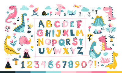 Girly Dino collection with alphabet and numbers. Funny comic font in simple hand drawn cartoon style. A variety of childish girls dinosaurs characters. Colorful isolated doodle in pink palette