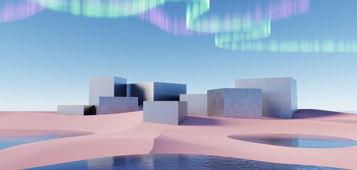 3d Render, Abstract Surreal pastel landscape background with arches and podium for showing product, panoramic view, Colorful dune scene with copy space, blue sky and cloudy, Minimalist decor design