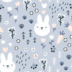 Forest rabbit seamless pattern. Cute character with carrots and flowers. Baby cartoon vector in simple hand-drawn Scandinavian style. Nursery illustration in pastel colors. - obrazy, fototapety, plakaty