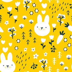 Forest rabbit seamless pattern. Cute character with carrots and flowers. Baby cartoon vector in simple hand-drawn Scandinavian style. Nursery illustration on yellow background - obrazy, fototapety, plakaty