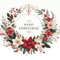 christmas wreath with red poinsettia - obrazy, fototapety, plakaty