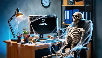Skeleton at desk with 'Loading...' on screen, cobwebs, and office supplies.
 - obrazy, fototapety, plakaty