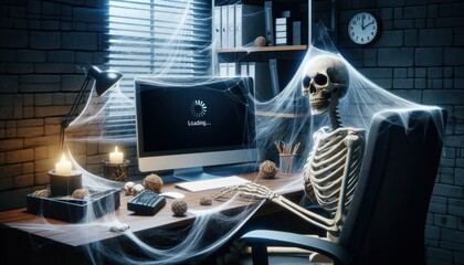 Female skeleton at desk, 'Loading...' on screen, cobwebs, office decor.

