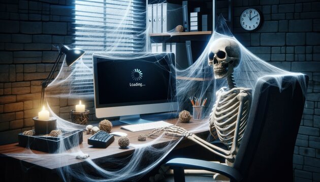 Female skeleton at desk, 'Loading...' on screen, cobwebs, office decor.
 - Powered by Adobe