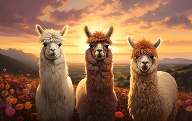 Obraz premium Group of alpacas at the sunset field.