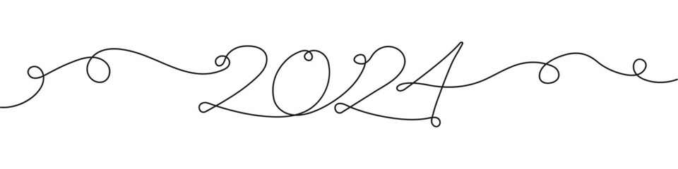 2024 Happy New Year . Christmas symbols 2024 .One line drawing. Vector illustration.	
