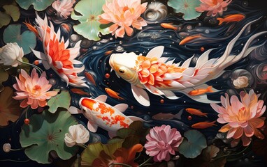 Koi fish swimming in the waterlily pond.