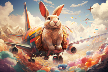 Easter bunny or rabbit with airplane and colorful easter eggs flying to the sky, holiday in spring  - obrazy, fototapety, plakaty