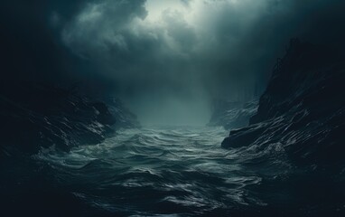 Storm over the ocean at the evening sky.