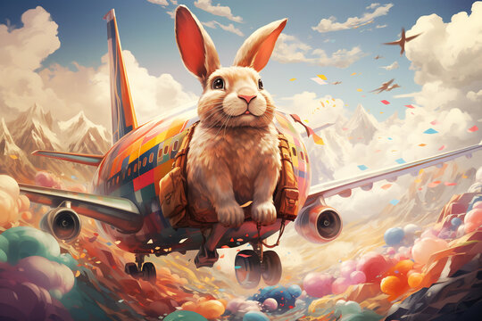Easter bunny or rabbit with airplane and colorful easter eggs flying to the sky, holiday in spring 