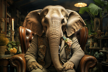 Big elephant sitting in an armchair, animal concept, metaphorical idiom for important or enormous topic