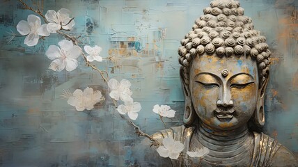 abstract, beautiful Magical, Mystical image of a buddha, painted metal, weathered, flowers, birds,...