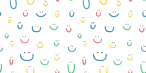 Hand drawn seamless pattern with cute smiles. Colored doodle different smiles for card, fabric, wrapping paper, notepad covers, wallpapers isolated on white background.