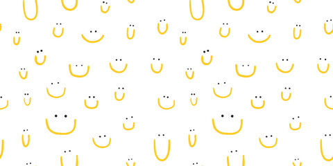 Hand drawn seamless pattern with cute smiles. Yellow doodle different smiles for card, fabric, wrapping paper, notepad covers, wallpapers isolated on white background.