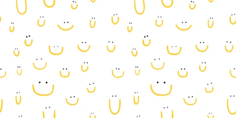 Tuinposter Hand drawn seamless pattern with cute smiles. Yellow doodle different smiles for card, fabric, wrapping paper, notepad covers, wallpapers isolated on white background. © Animado