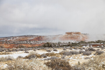 Snow covered rock formations at Capitol Reef National Park, Utah, USA