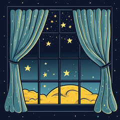 Window curtains night out moon stars home sleep rest theme vector