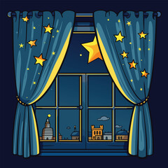 Window curtains night out moon stars home sleep rest theme vector