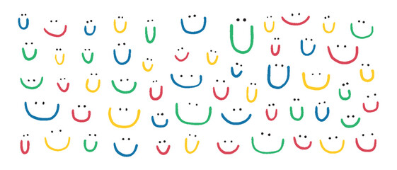 Hand drawn collection of cute smiles. Colored doodle different smiles for card, fabric, wrapping paper, notepad covers, wallpapers isolated on white background.