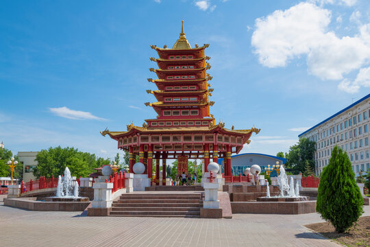 Sunny June day at the Buddhist pagoda "Seven Days", Elista