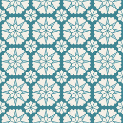 Arabic geometric mosaic printable seamless pattern with abstract Moroccan print in blue and orange colors. Ramadan Kareem Traditional Islamic art Illustration background