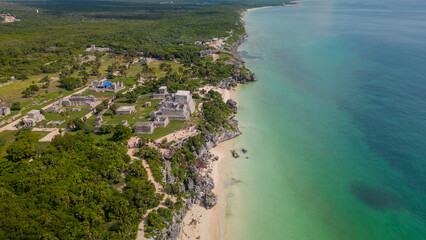 drone above mayan ruins in Tulum riviera Maya