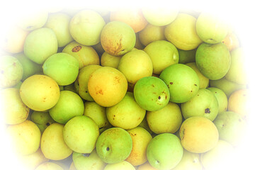 Fresh yellow  plums, light green plums background. - 678293346