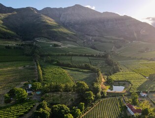 Aerial view of green nature in the mountains of Franschhoek Cape Town, taken by a drone