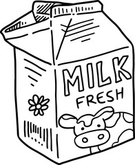 Hand Drawing Cow Milk Carton Box Black And White / Cartoon Vector Illustration Isolated In White Background