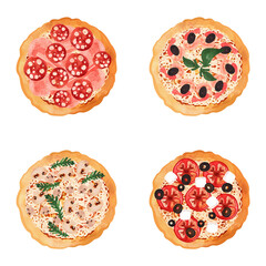Pizza set. Meat, seafood, mushroom and tomato pizza with thick dough. Isolated watercolor illustration on white background for menus and recipes.