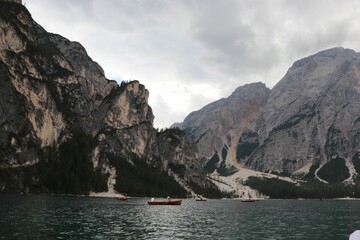 Cloudy day at Lago di Braies or The Pragser Wildsee Lake in South Tyrol, Italy
